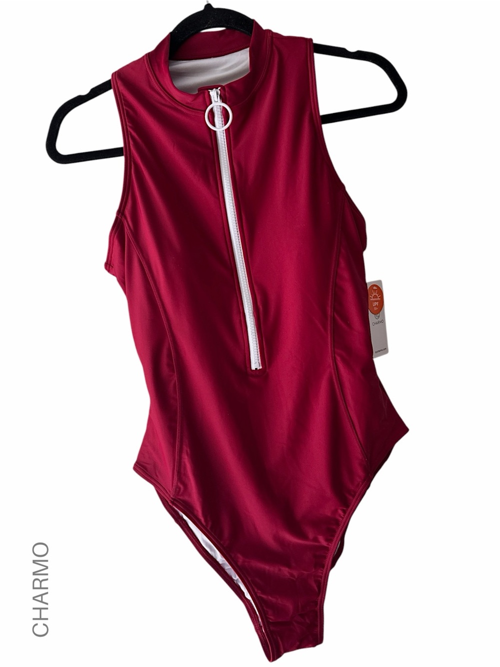 NWT ZIPPER FRONT ONE PIECE RACERBACK SWIMSUIT IN BERRY SPF50 FULLY LINED LARGE